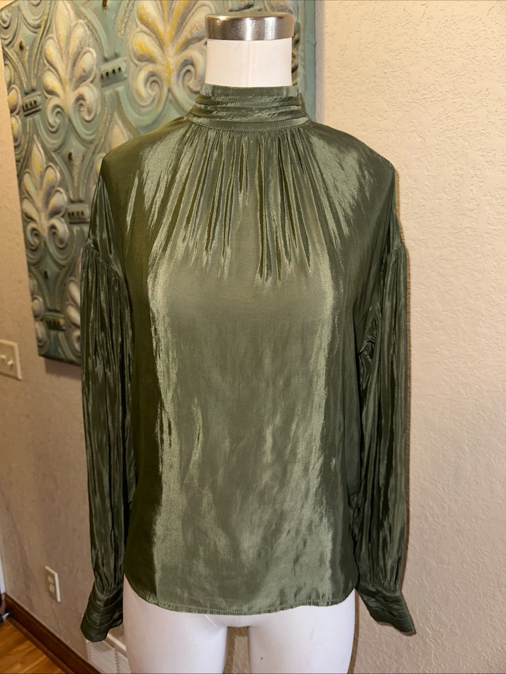 The Korner Olive Satin Blouse XS Mock Neck Pleated Long Sleeve Recycled Top